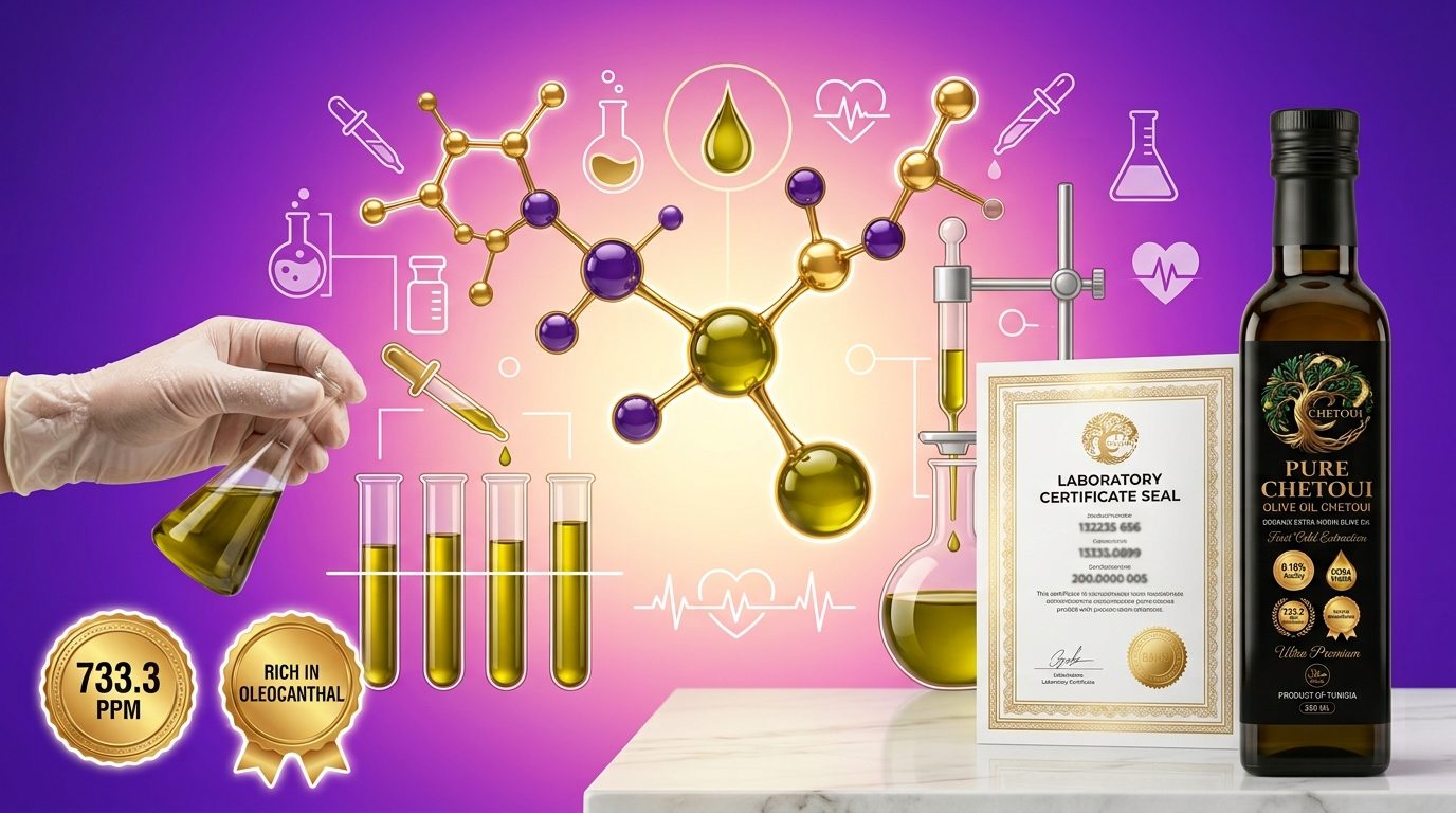 Extra virgin olive oil acidity test result showing Pure Chetoui at 0.16 percent ultra-low FFA