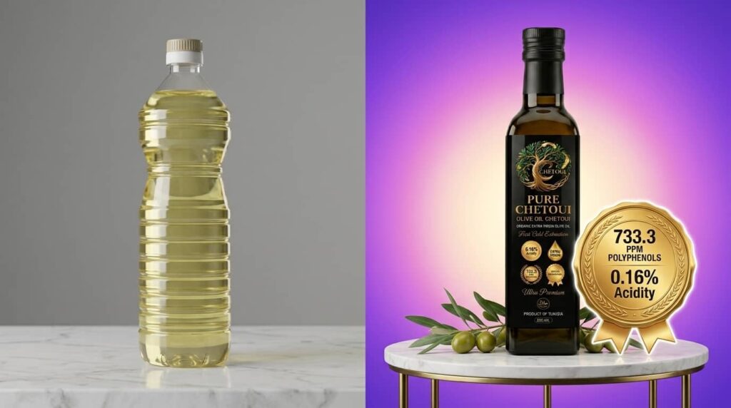 Minyak zaitun asli vs palsu — perbezaan kualiti antara minyak zaitun asli Pure Chetoui dan minyak zaitun biasa