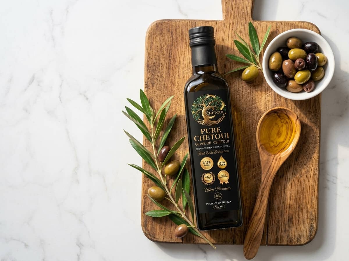 Pure Chetoui olive oil bottle with wooden spoon
