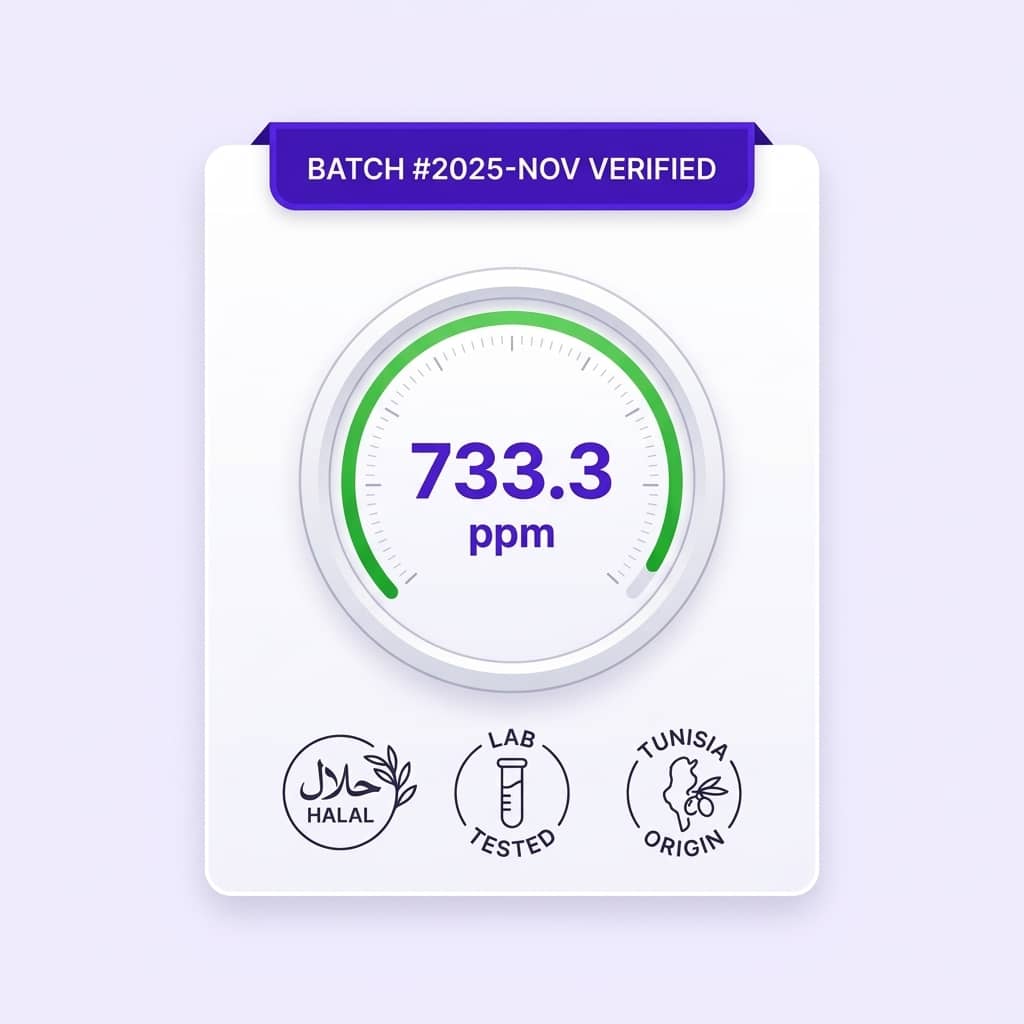 Laboratory polyphenol analysis chart showing 733 ppm for Pure Chetoui minyak zaitun