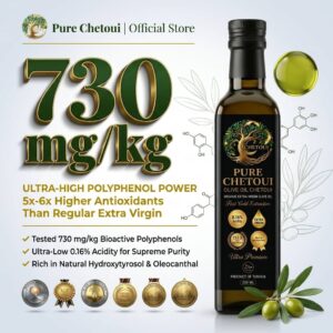 Minyak zaitun extra virgin Pure Chetoui 730 mgkg polyphenol