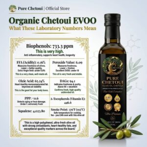 Organic Chetoui EVOO laboratory numbers minyak zaitun
