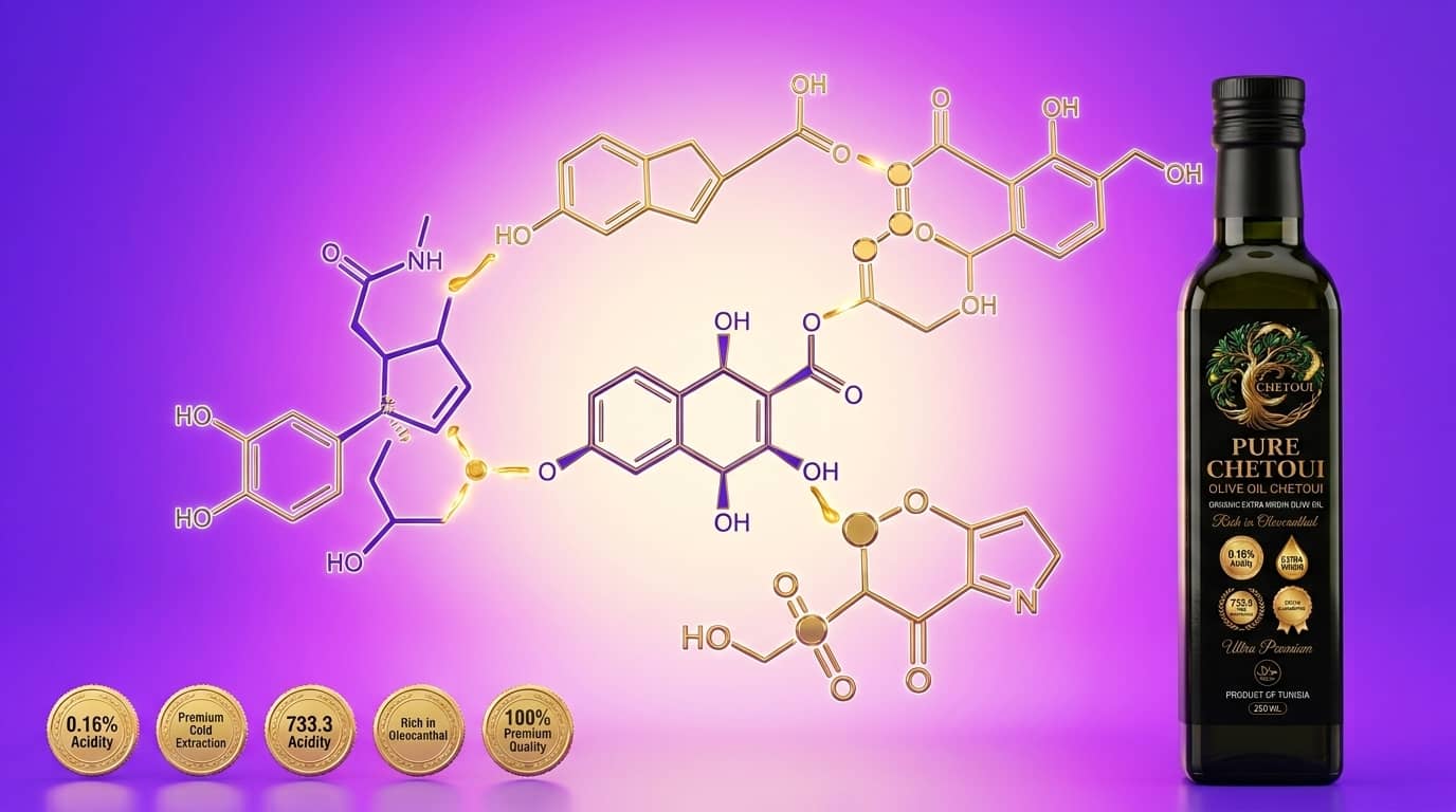 Oleocanthal olive oil anti-inflammatory compound shown in a bottle of premium Chetoui extra virgin olive oil