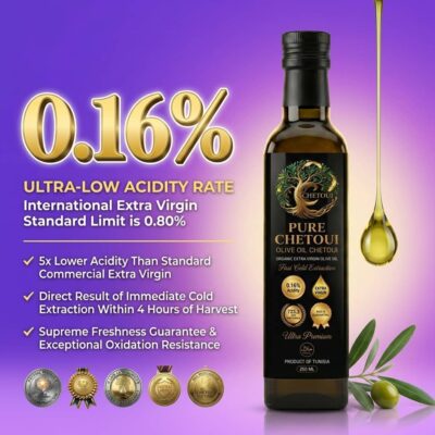 Pure Chetoui 0.16% ultra-low acidity — 5× lower than standard extra virgin limit of 0.80%