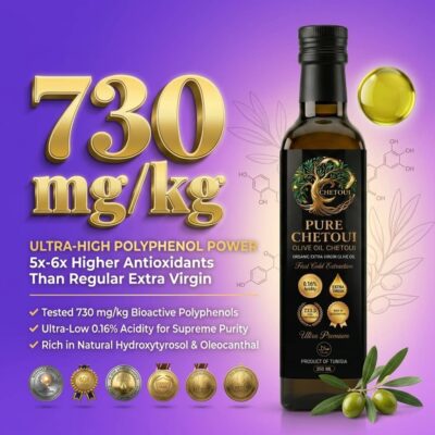 Pure Chetoui 730 mg/kg ultra-high polyphenols — 5-6× higher antioxidants than regular extra virgin