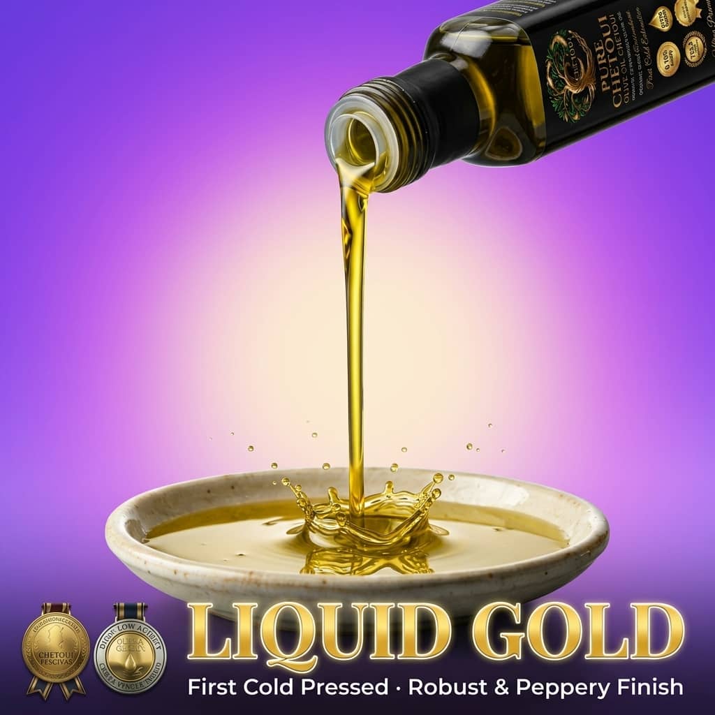 Pure Chetoui liquid gold — first cold pressed extra virgin olive oil with robust peppery finish