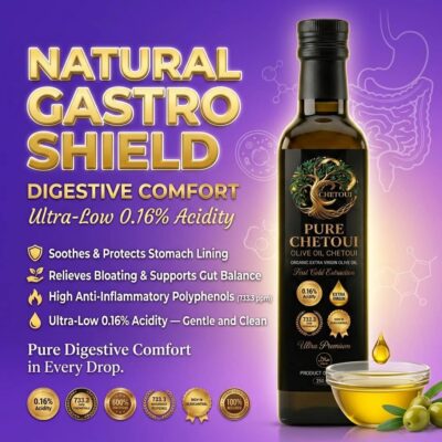 Pure Chetoui natural gastro shield — ultra-low 0.16% acidity, soothes and protects stomach lining