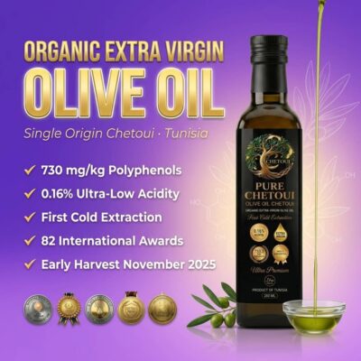 Pure Chetoui organic extra virgin olive oil — single origin Chetoui Tunisia, 730 mg/kg polyphenols
