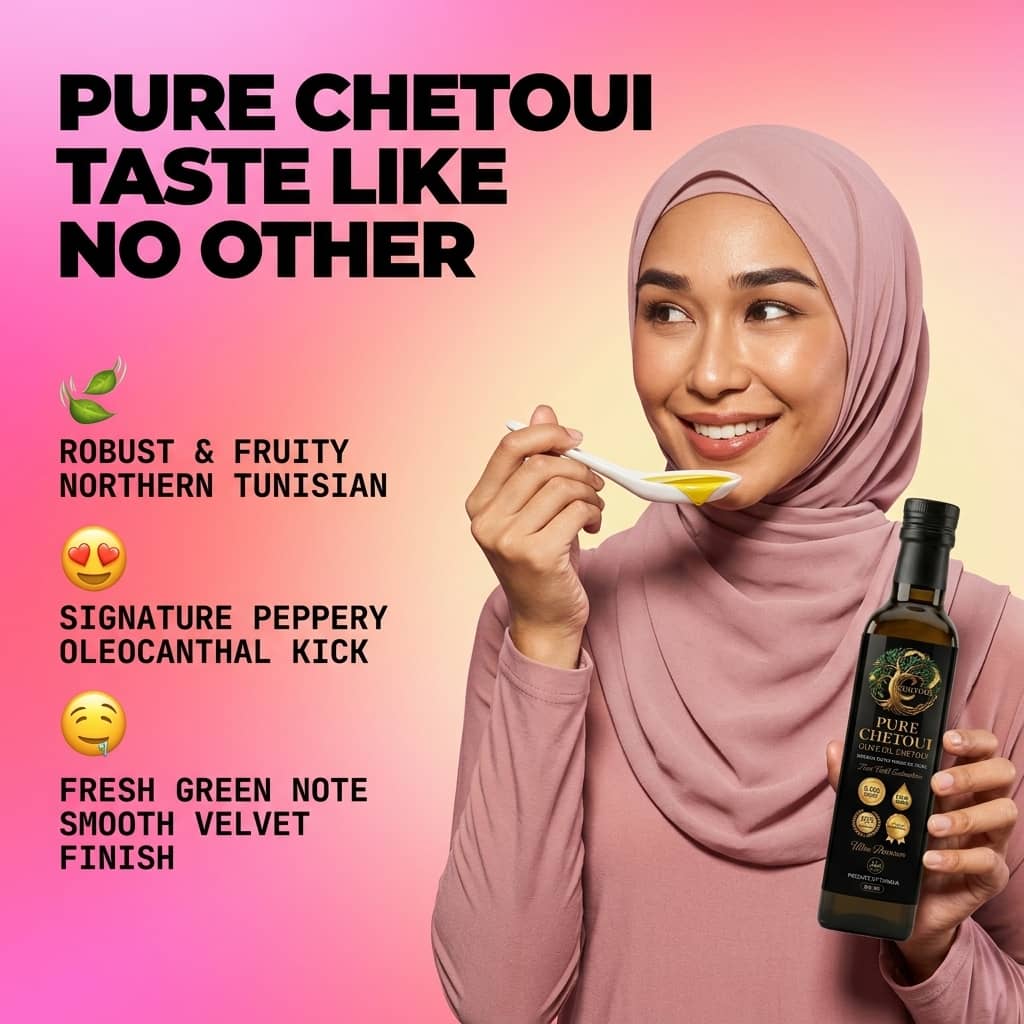 Pure Chetoui — taste like no other, woman holding premium olive oil bottle