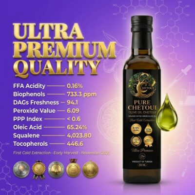Pure Chetoui ultra premium quality — FFA acidity 0.16%, peroxide value 6.09, full lab analysis